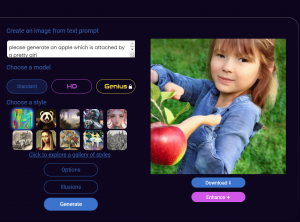 AI picture generator no sign up generated a picture of a little girl holding an apple, but her hands are a little deformed and her face is distorted