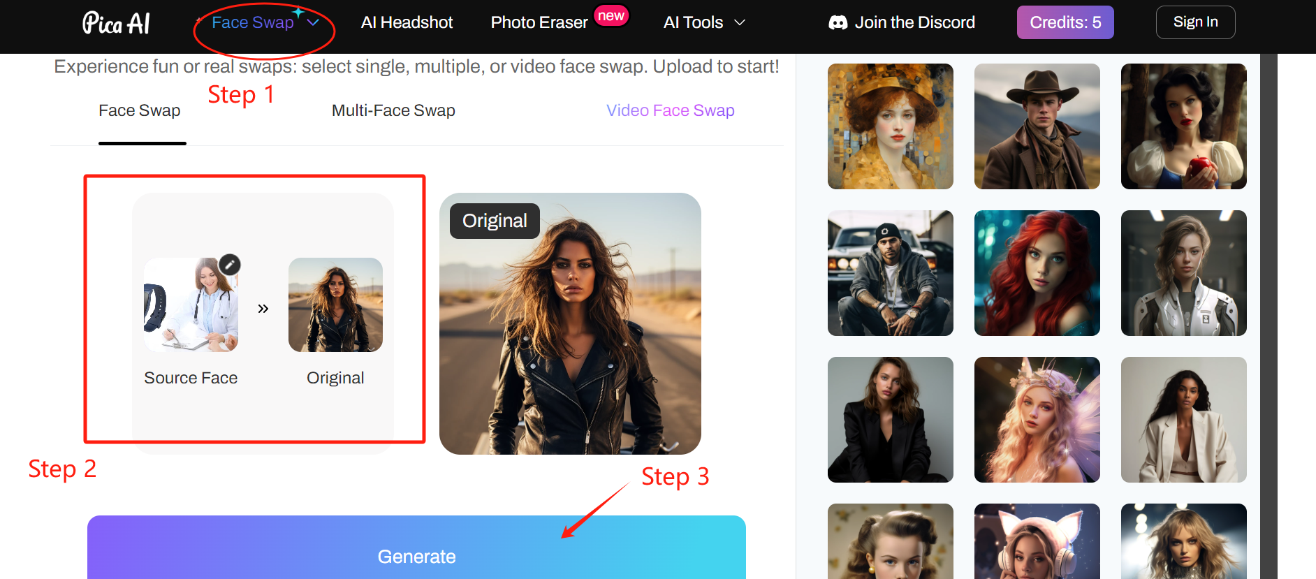 3 steps of using Pica AI face swap