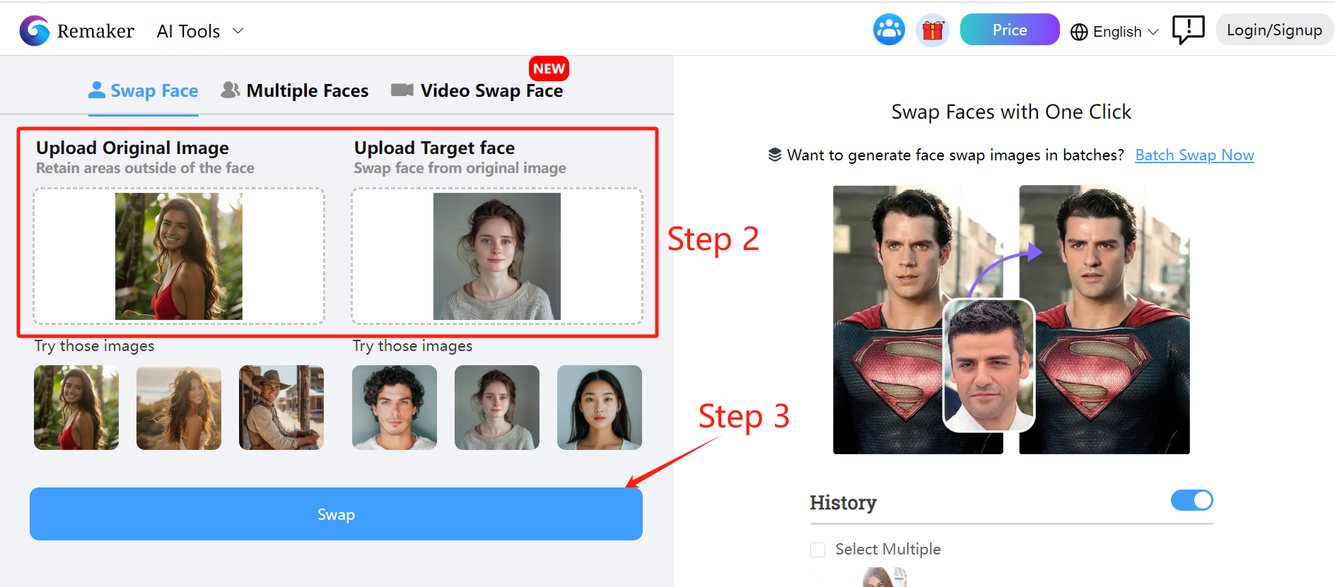 Click correctly to swap your face