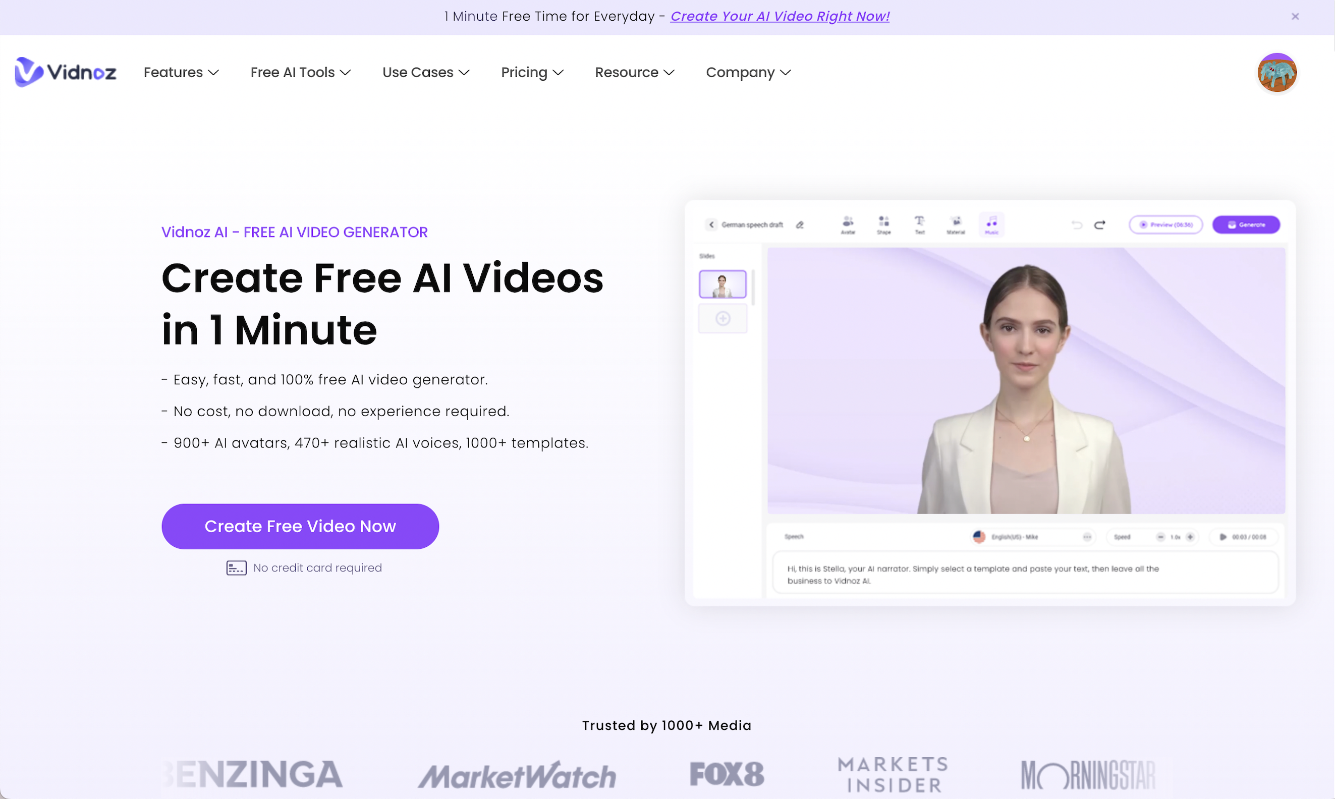 The homepage interface of Vidnoz AI, the ai video face swapper website.