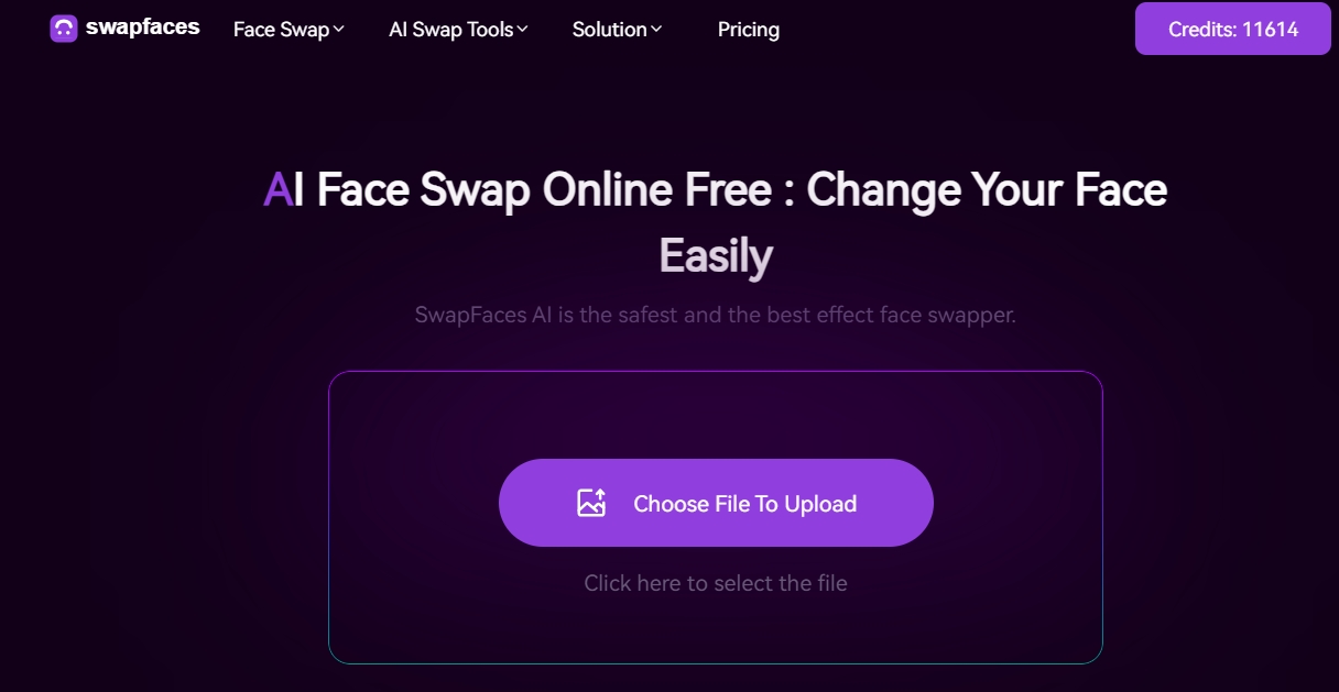 Swapfaces website with purple color scheme and clean pages,where you can swapping face and upload to TikTok.