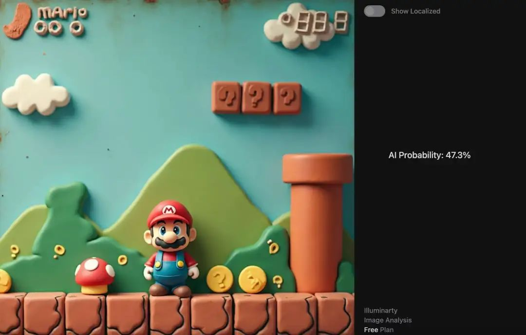 The Mario photo with artistic style inspected by AI image detection which give 47% AI-generated probability.