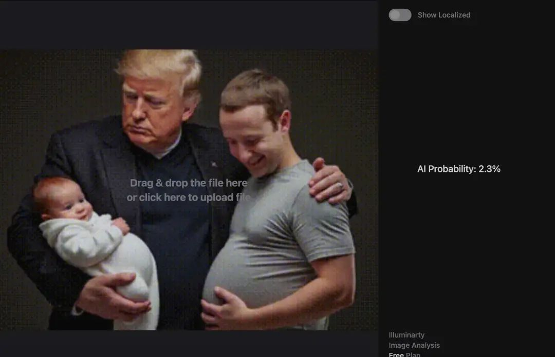 A family photo of Trump with a pregnant boy and baby is just 2% likelihood to be detected by AI photo detector.