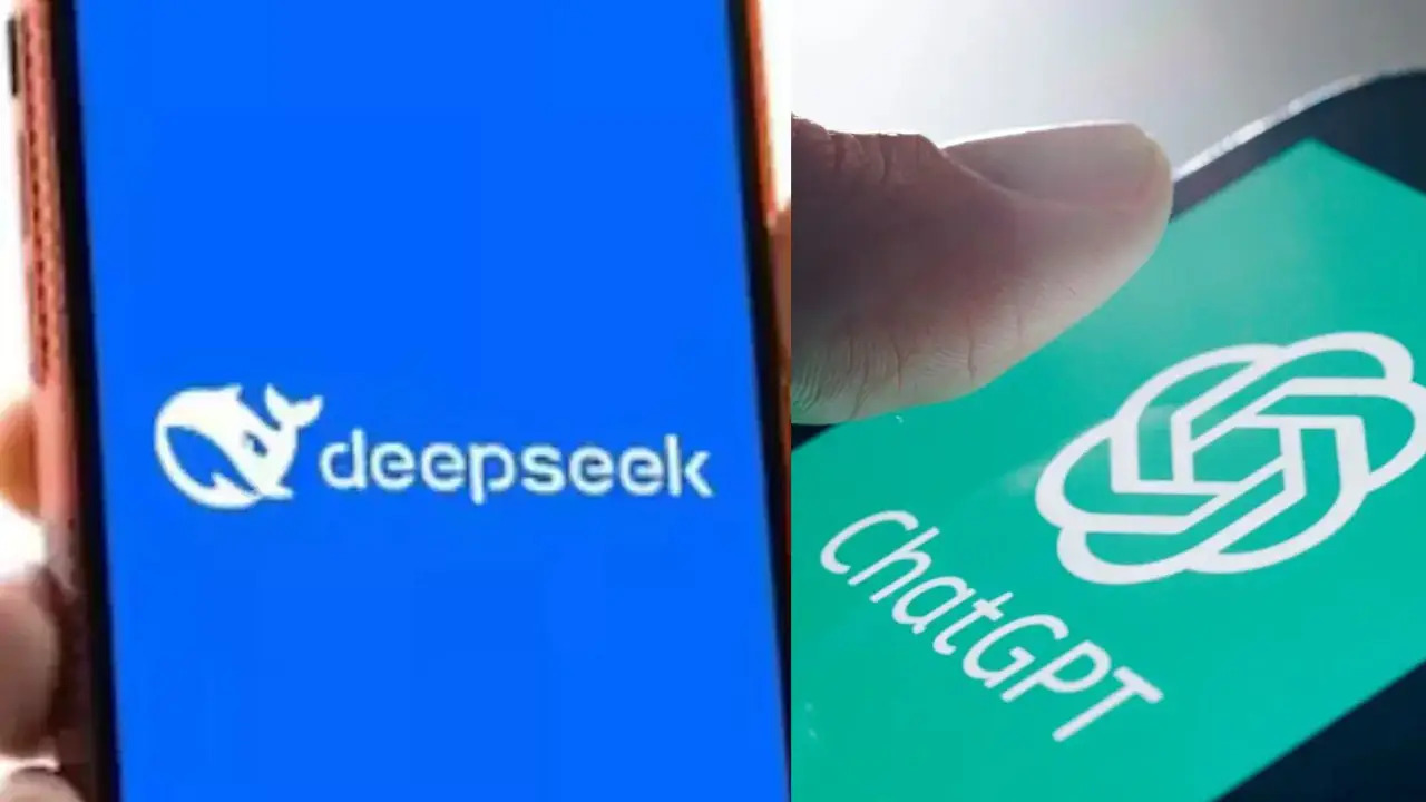 On this image, you can see a comparison between DeepSeek and ChatGPT, with the blue DeepSeek on the left and the green ChatGPT on the right.